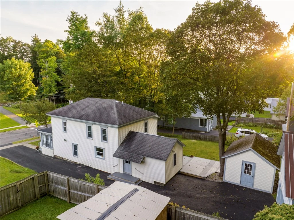 Aerial view of the backyard, deck and garage